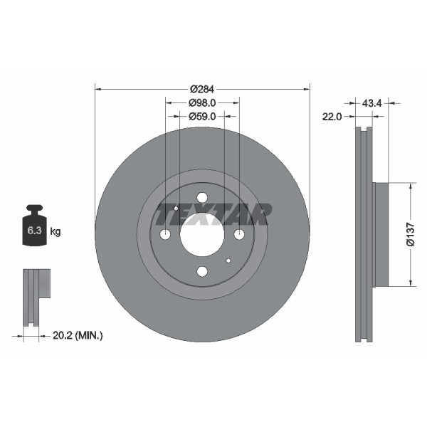 Слика на кочионен диск TEXTAR PRO 92053503 за Alfa Romeo 155 (167) Sedan 2.0 16V Turbo Q4 (167.A2B, 167.A2C, 167.A2E) - 186 коњи бензин