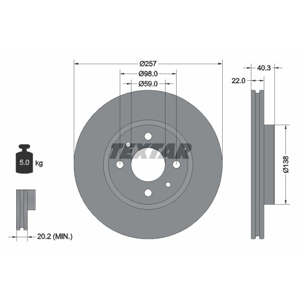 Слика на кочионен диск TEXTAR PRO 92069603 за Fiat Idea 1.3 D Multijet - 90 коњи дизел