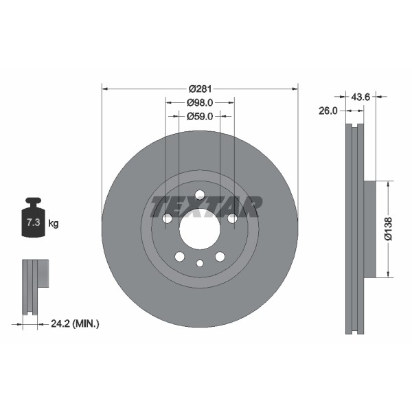 Слика на кочионен диск TEXTAR PRO 92074003 за Lancia Zeta (220) 2.0 16V (220AL5) - 132 коњи бензин