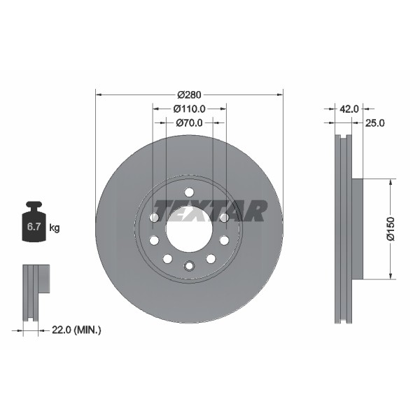 Слика на кочионен диск TEXTAR PRO 92091903 за Opel Astra G Hatchback 2.2 DTI - 125 коњи дизел