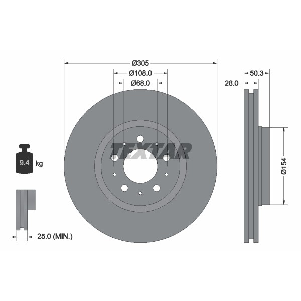 Слика на кочионен диск TEXTAR PRO 92100603 за Volvo S60 Sedan 2.5 T - 210 коњи бензин