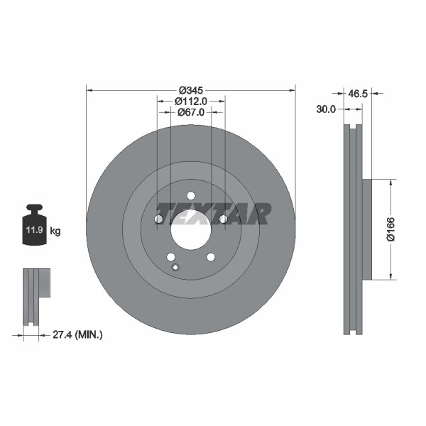 Слика на кочионен диск TEXTAR PRO 92123603 за Mercedes CLK Convertible (a209) CLK 500 (209.472) - 388 коњи бензин