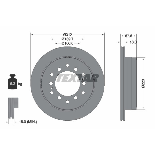 Слика на кочионен диск TEXTAR PRO 92170103 за Toyota Land Cruiser 90 (J9) 3.0 D-4D (KDJ90, KDJ95, KDJ 125) - 163 коњи дизел