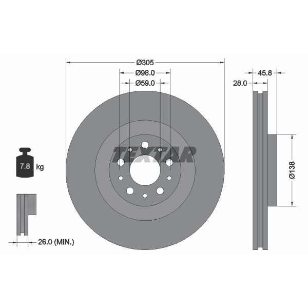 Слика на кочионен диск TEXTAR PRO 92237603 за Fiat Doblo 152 1.4 Flex - 86 коњи Бензин/Етанол