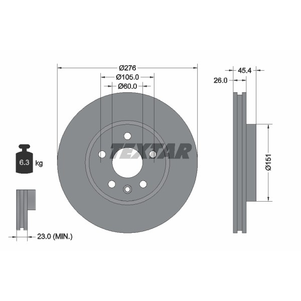 Слика на кочионен диск TEXTAR PRO 92277103 за Opel Astra K (B16) 1.0 Turbo (68) - 90 коњи бензин