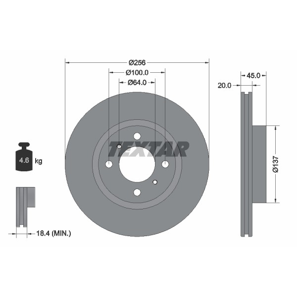 Слика на кочионен диск TEXTAR PRO 92294403 за Mitsubishi Colt Hatchback (Z) 1.5 DI-D - 95 коњи дизел