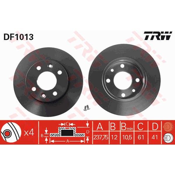 Слика на кочионен диск TRW DF1013 за Renault Clio 2 1.2 16V (BB05, BB0W, BB11, BB27, BB2T, BB2U, BB2V, CB05...) - 75 коњи бензин