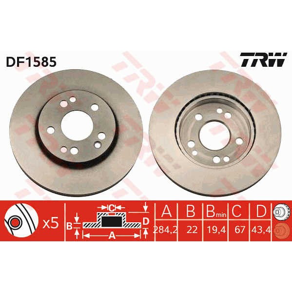 Слика на кочионен диск TRW DF1585 за Mercedes E-class (w124) 300 D 4-matic (124.330) - 109 коњи дизел