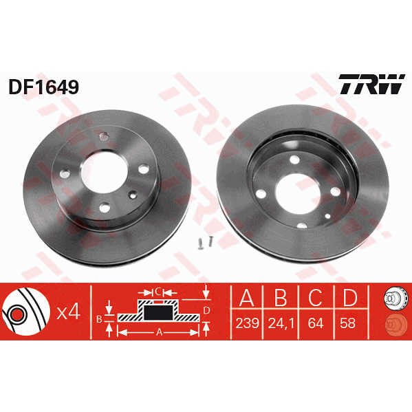 Слика на кочионен диск TRW DF1649 за Ford Escort \'86 Courrier (AVF) 1.3 - 60 коњи бензин