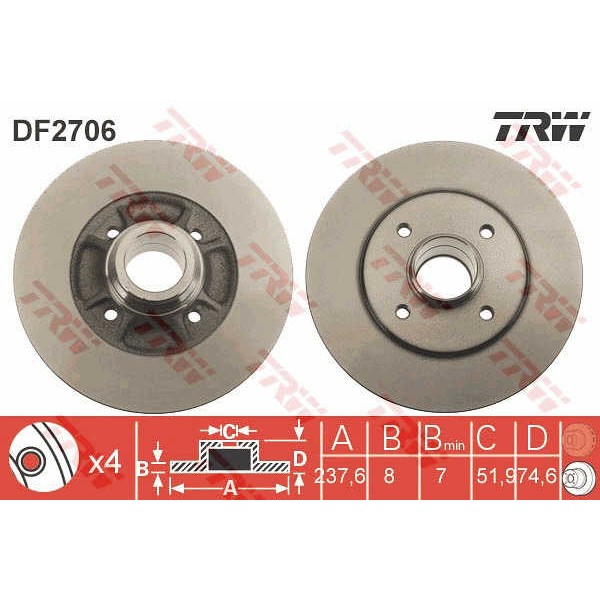 Слика на кочионен диск TRW DF2706 за Renault 19 II Chamade 1.9 D (L53J) - 64 коњи дизел