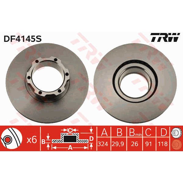 Слика на кочионен диск TRW DF4145S за Merdeces Vario Box 613 D, 614 D (668.351, 668.352, 668.353) - 136 коњи дизел