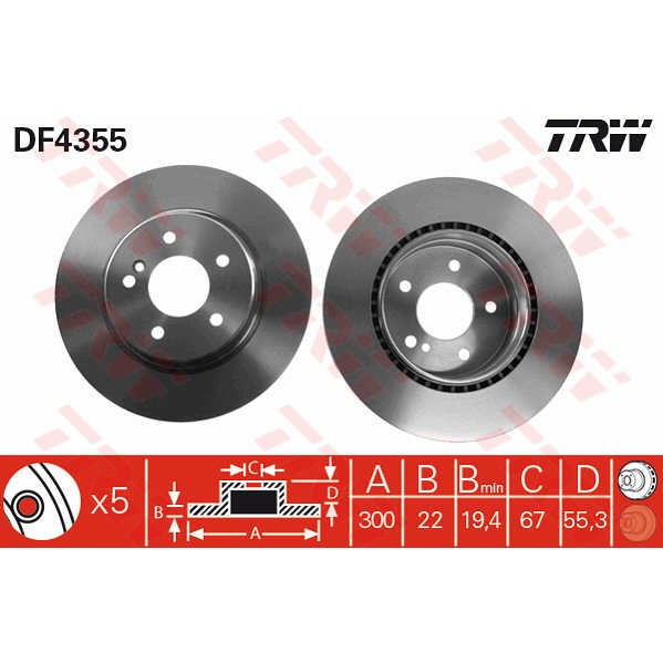 Слика на кочионен диск TRW DF4355 за Mercedes C-class Sports Coupe (CL203) C 32 AMG Kompressor (203.765) - 354 коњи бензин