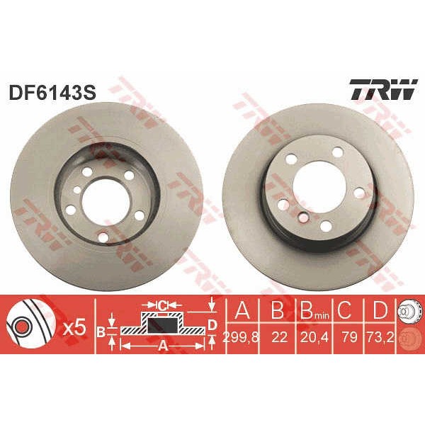 Слика на кочионен диск TRW DF6143S за BMW 3 Sedan F30 F35 F80 320 d - 163 коњи дизел