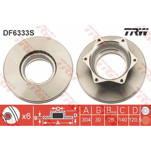 Слика на кочионен диск TRW DF6333S за Merdeces Vario Box 613 D, 614 D (668.351, 668.352, 668.353) - 136 коњи дизел