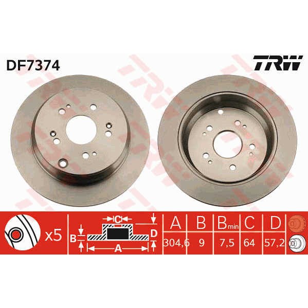 Слика на кочионен диск TRW DF7374 за Honda CR-V 4 1.6 i-DTEC - 120 коњи дизел