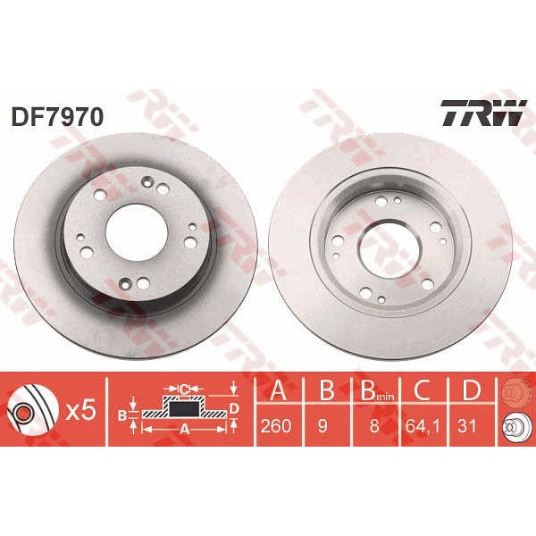 Слика на кочионен диск TRW DF7970 за Honda CR-Z (ZF1) 1.5 Hybrid - 114 коњи бензин/ електро