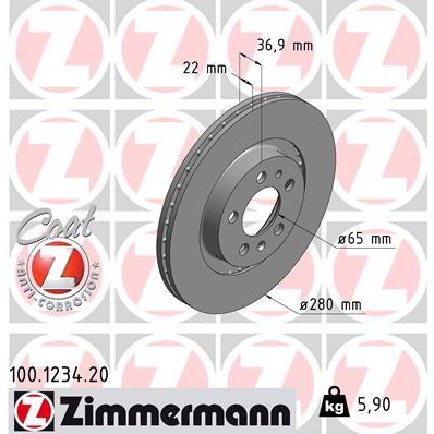 Слика на кочионен диск ZIMMERMANN COAT Z 100.1234.20 за VW Jetta 4 (1J2) 1.9 SDI - 68 коњи дизел