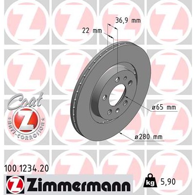 Слика на кочионен диск ZIMMERMANN COAT Z 100.1234.20 за VW Jetta 4 Estate (1J6) 1.6 16V - 105 коњи бензин