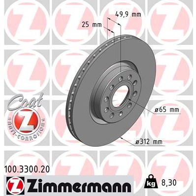 Слика на кочионен диск ZIMMERMANN COAT Z 100.3300.20 за Audi A3 Sportback (8VA) 2.0 TDI - 136 коњи дизел