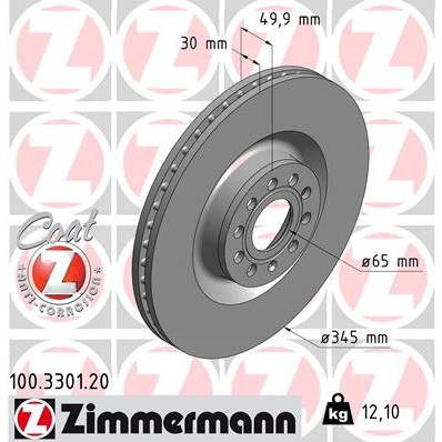 Слика на кочионен диск ZIMMERMANN COAT Z 100.3301.20 за VW Scirocco (137) 2.0 TSI - 180 коњи бензин