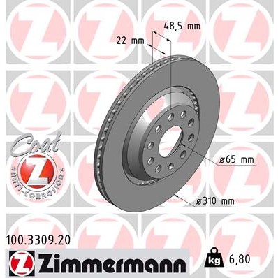 Слика на кочионен диск ZIMMERMANN COAT Z 100.3309.20 за Audi A3 Sedan (8VS) S3 quattro - 290 коњи бензин