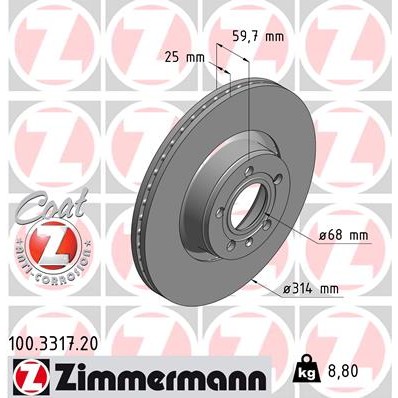 Слика на кочионен диск ZIMMERMANN COAT Z 100.3317.20 за Audi A6 Avant (4F5, C6) 2.7 TDI quattro - 163 коњи дизел