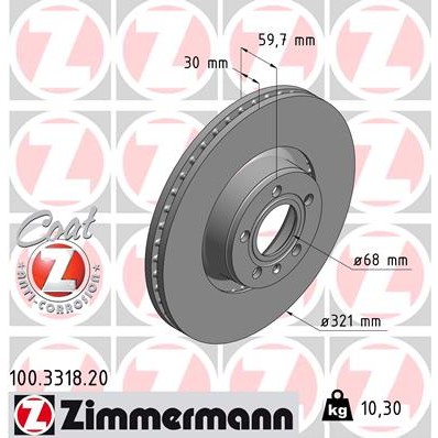 Слика на кочионен диск ZIMMERMANN COAT Z 100.3318.20 за Audi A6 Avant (4F5, C6) 3.0 TDI quattro - 240 коњи дизел