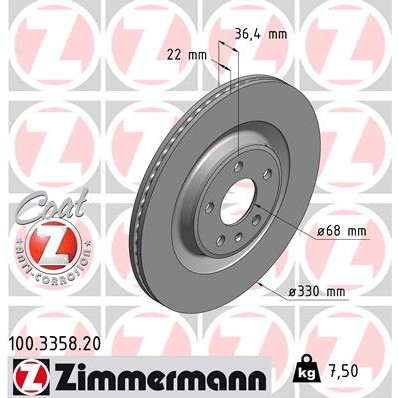 Слика на кочионен диск ZIMMERMANN COAT Z 100.3358.20 за Audi A5 Cabrio (8F7) S5 quattro - 333 коњи бензин