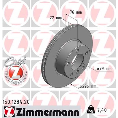 Слика на кочионен диск ZIMMERMANN COAT Z 150.1284.20 за BMW 5 Sedan E39 525 i - 192 коњи бензин