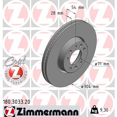 Слика на кочионен диск ZIMMERMANN COAT Z 180.3033.20 за Citroen Space Tourer (V) 2.0 BlueHDi 180 - 178 коњи дизел