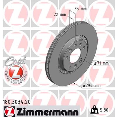 Слика на кочионен диск ZIMMERMANN COAT Z 180.3034.20 за Citroen Space Tourer (V) 2.0 BlueHDi 180 - 178 коњи дизел