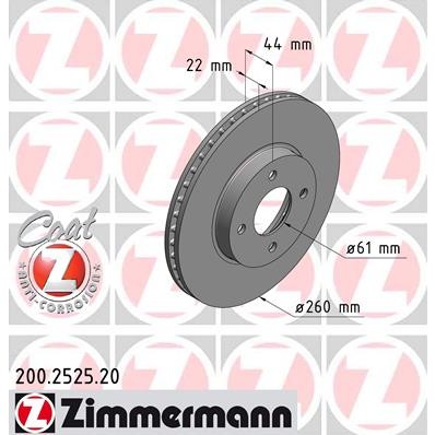 Слика на кочионен диск ZIMMERMANN COAT Z 200.2525.20 за Nissan Note 2013 1.2 - 80 коњи бензин