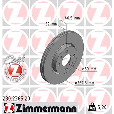 Слика на кочионен диск ZIMMERMANN COAT Z 230.2365.20 за Fiat Doblo Cargo 223 1.4 - 77 коњи бензин