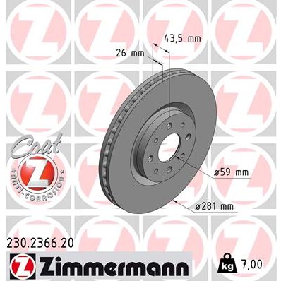 Слика на кочионен диск ZIMMERMANN COAT Z 230.2366.20 за Fiat Bravo 198 1.4 T-Jet - 150 коњи бензин