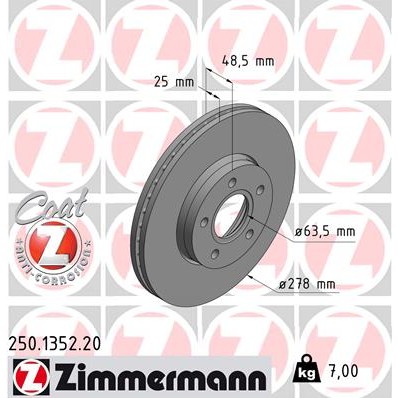 Слика на кочионен диск ZIMMERMANN COAT Z 250.1352.20 за Volvo C30 2.0 FlexFuel - 146 коњи Бензин/Етанол