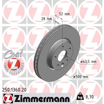 Слика на кочионен диск ZIMMERMANN COAT Z 250.1360.20 за Volvo V60 D6 Hybrid AWD - 220 коњи дизел/електро