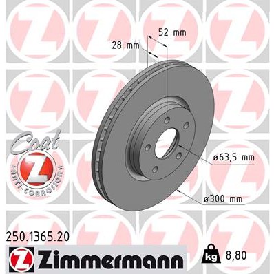 Слика на кочионен диск ZIMMERMANN COAT Z 250.1365.20 за Ford Mondeo 4 Turnier 2.0 - 145 коњи бензин