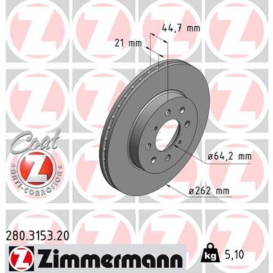 Слика на кочионен диск ZIMMERMANN COAT Z 280.3153.20 за Honda Civic 6 Aerodeck (MB,MC) 1.4 16V (MB8) - 75 коњи бензин