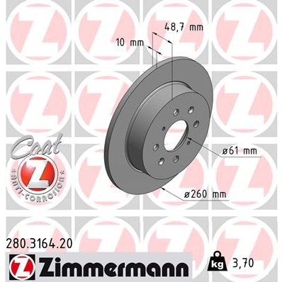 Слика на кочионен диск ZIMMERMANN COAT Z 280.3164.20 за Honda Civic 7 Hatchback (EU,EP,EV) 1.7 CTDi - 100 коњи дизел