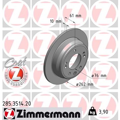 Слика на кочионен диск ZIMMERMANN COAT Z 285.3514.20 за Hyundai ix35 (LM) 2.0 CVVT 4WD - 166 коњи бензин