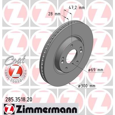 Слика на кочионен диск ZIMMERMANN COAT Z 285.3518.20 за Hyundai ix35 (LM) 2.0 GDi - 166 коњи бензин