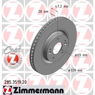 Слика на кочионен диск ZIMMERMANN COAT Z 285.3519.20 за Kia Optima Sportswagon (JF) 1.7 CRDi - 141 коњи дизел