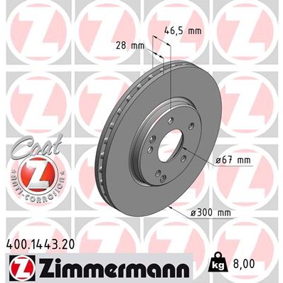 Слика на кочионен диск ZIMMERMANN COAT Z 400.1443.20 за Mercedes C-class Saloon (w203) C 280 4-matic (203.092) - 231 коњи бензин