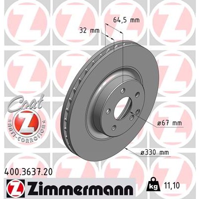 Слика на кочионен диск ZIMMERMANN COAT Z 400.3637.20 за Mercedes E-class Saloon (w211) E 350 CGI (211.057) - 292 коњи бензин