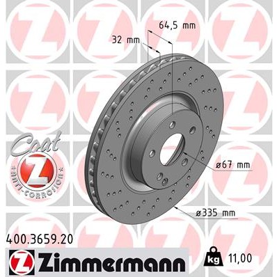 Слика на кочионен диск ZIMMERMANN COAT Z 400.3659.20 за Mercedes S-class Saloon (w221) S 320 CDI - 211 коњи дизел