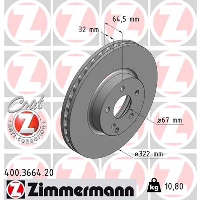 Слика на кочионен диск ZIMMERMANN COAT Z 400.3664.20 за Mercedes E-class Convertible (a207) E 250 (207.436) - 211 коњи бензин