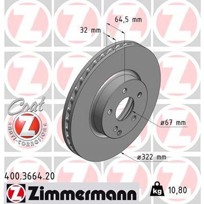 Слика на кочионен диск ZIMMERMANN COAT Z 400.3664.20 за Mercedes E-class Estate (s212) E 350 CDI (212.223) - 265 коњи дизел