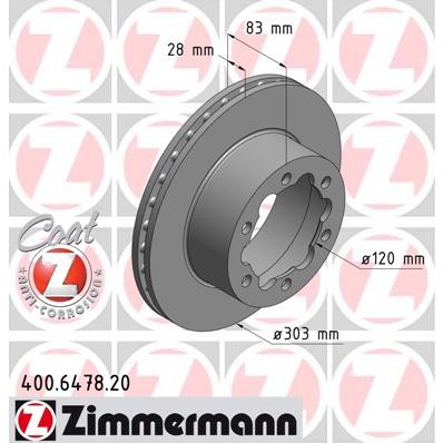 Слика на кочионен диск ZIMMERMANN COAT Z 400.6478.20 за Mercedes Sprinter 5-t Box (906) 519 CDI / BlueTEC 4x4 (906.653, 906.655, 906.657) - 190 коњи дизел