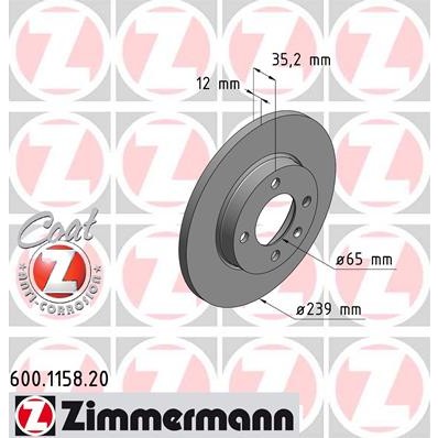 Слика на кочионен диск ZIMMERMANN COAT Z 600.1158.20 за VW Passat 2 (B2,32B) 1.8 - 87 коњи бензин