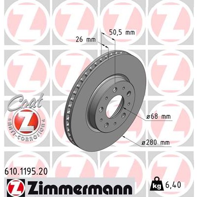 Слика на кочионен диск ZIMMERMANN COAT Z 610.1195.20 за Volvo S90 Saloon 2.9 - 204 коњи бензин